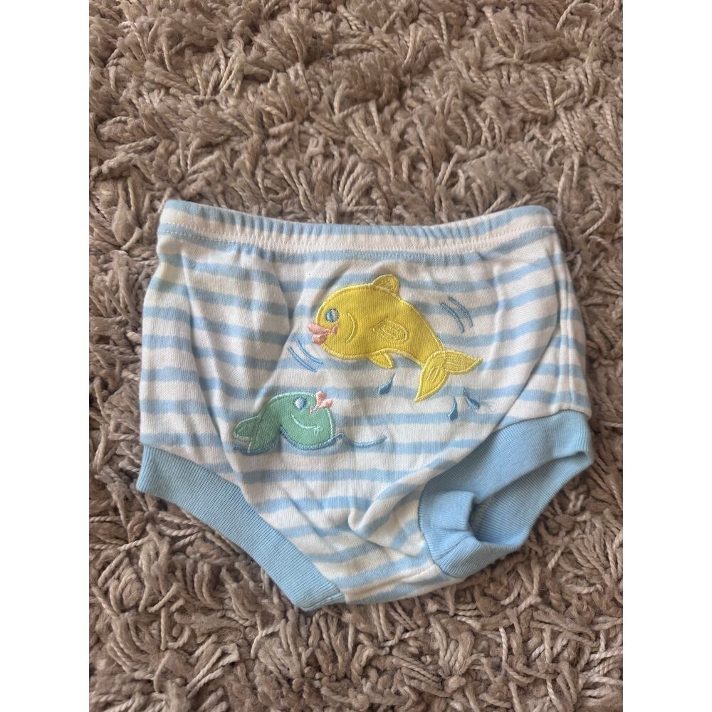 Vintage 90s | Cotton Unisex Blue + White Striped Fish Bloomers | 6-9 Months